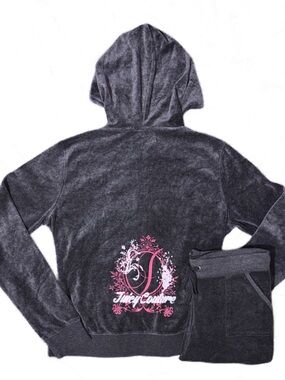 Juicy Couture Grey Velour Hoodie & Pants Tracksuit Set with Pink Logo